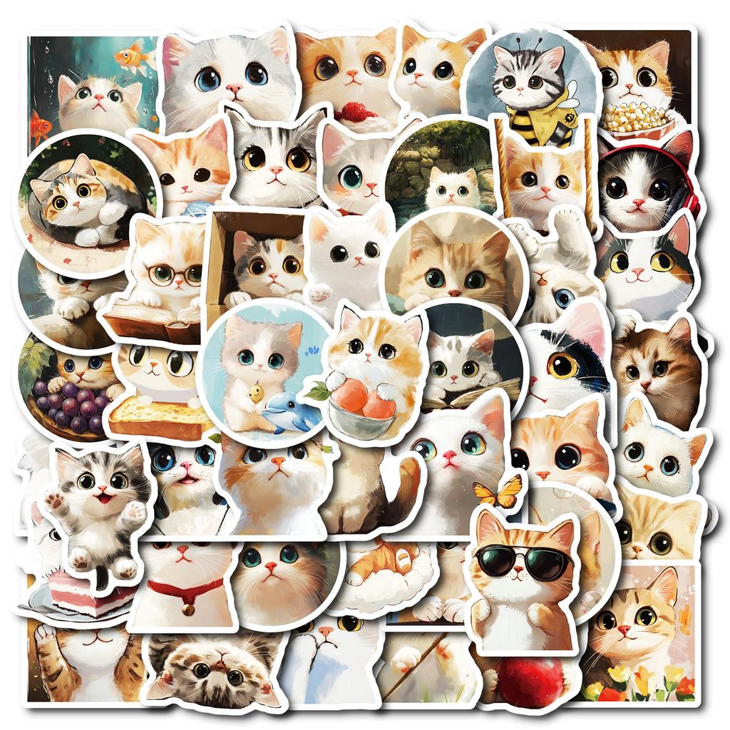 50 Oil Paintings Cat Graffiti Stickers Cute Round Face Kitten Waterproof Decorative Stickers Diy Refrigerator Skateboard Tablet