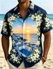 Men's Tropical Flower Framed Landscape Print Hawaiian Shirt, Breathable Casual Top For Summer Vacation And Daily Wear
