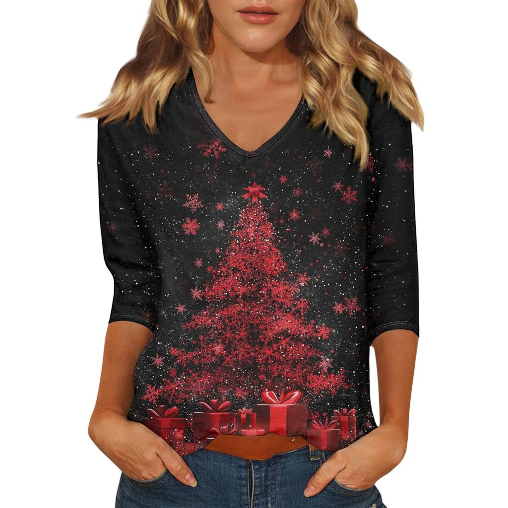 Women's Casual Fashionable Sexy Comfortable V-Neck Christmas Three-Quarter Sleeve Top