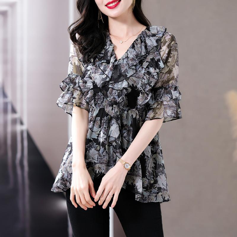 Loose French Style Black Shirt for Women, Oversized Chiffon Blouse Spring Summer Mom V-Neck Top