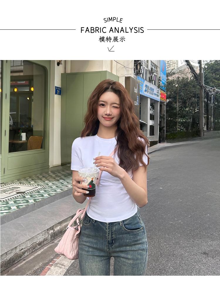 Summer new white short sleeved avatar short style slim fit high waist pure cotton tight fitting round neck shoulder white TJS
