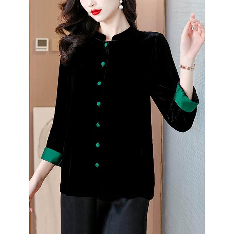 Женское черное бархатное пальто - Новый китайский стиль Весна/Осень Свободный кардиган