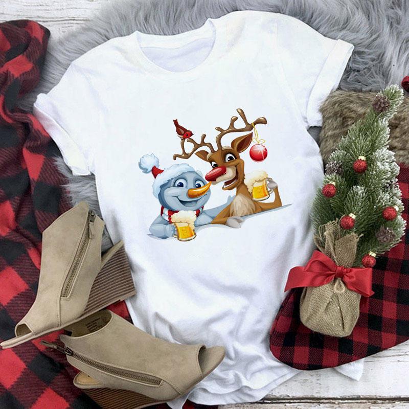Cute Reindeer T Shirt Women Fashion Christmas Harajuku Short Sleeve T Shirt White Suitable All Seasons