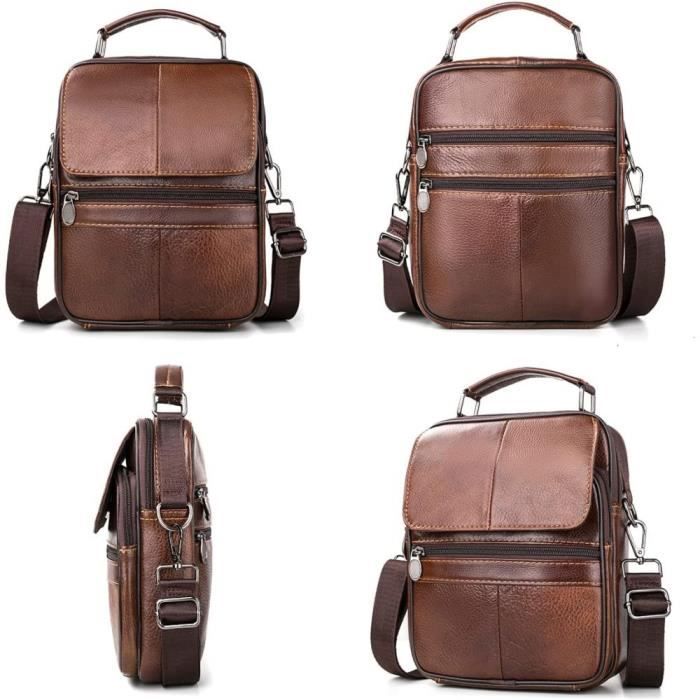 Sac à bandoulière en cuir pour hommes vintage casual business grande capacité (Marron)