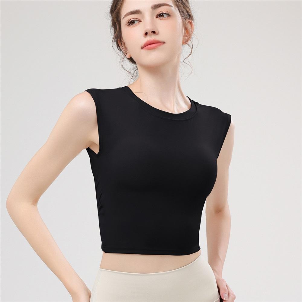 Летний новый костюм для йоги, жилет с нагрудной подушечкой для женщин, спортивный с коротким рукавом, с вырезом на спине, амортизирующий топ-жилет для йоги