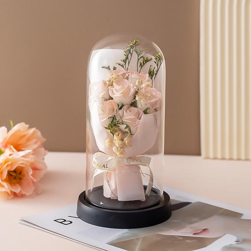 Creative Gifts Soap Rose Home Ornament Luminous Glass Cover Valentine's Day Christmas Decoration Gifts