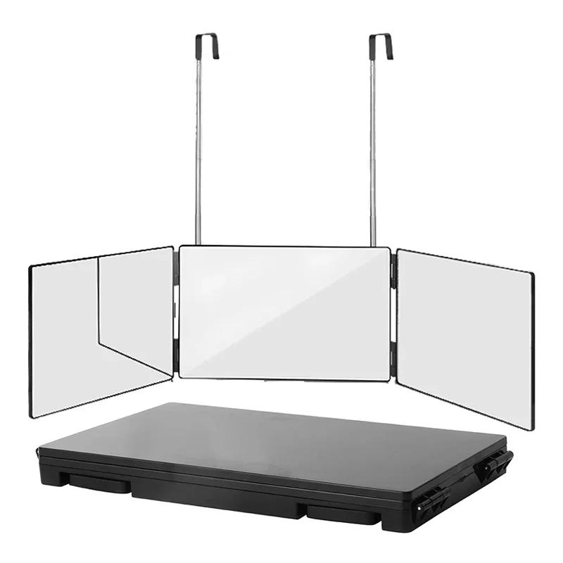 Black Portable 360 Trifold Mirror with Height Adjustable Telescoping Hooks Ideal for Self Hair Cutting Makeup Essential Fordable