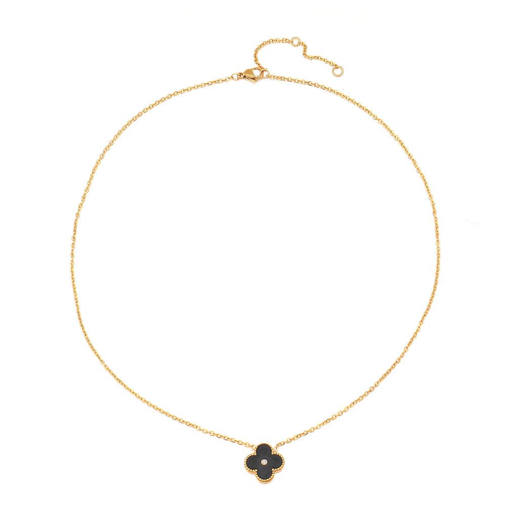 GEMCHIC Women's Four-Leaf Clover Enamel Stainless Steel Necklace with Gold Plating and Rhinestone Pendant