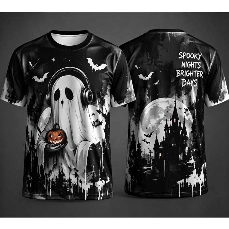 Men Halloween 3D Print T‑Shirt Anime Witch Girl Pumpkin Bat Orange Castle Moon Graphic Short Sleeve Party Tops