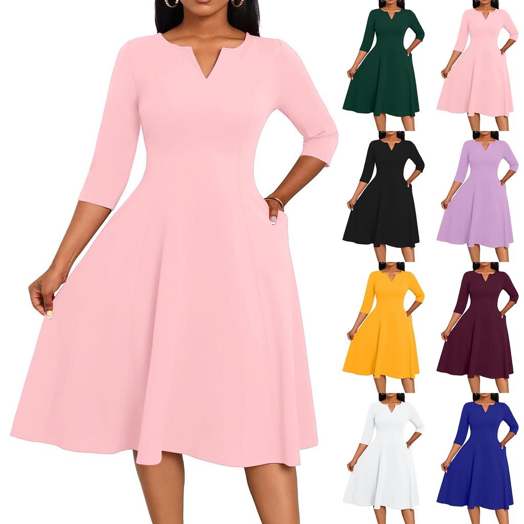 Женское платье А-силуэта, расклешенное, с рукавами 3/4, V-образным вырезом, однотонное, коктейльное, для гостьи на свадьбу, комбинезон с карманами