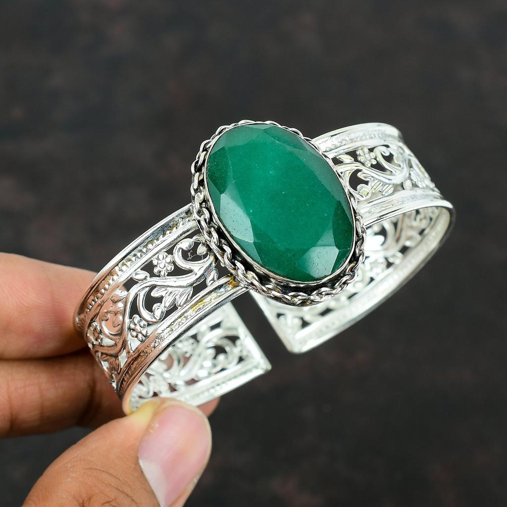 Faceted Zambian Emerald Cuff Bracelet Genuine Gemstone Bangle 925 Sterling Silver Bangle Adjustable Bangle Handmade Jewelry Engagement Gifts