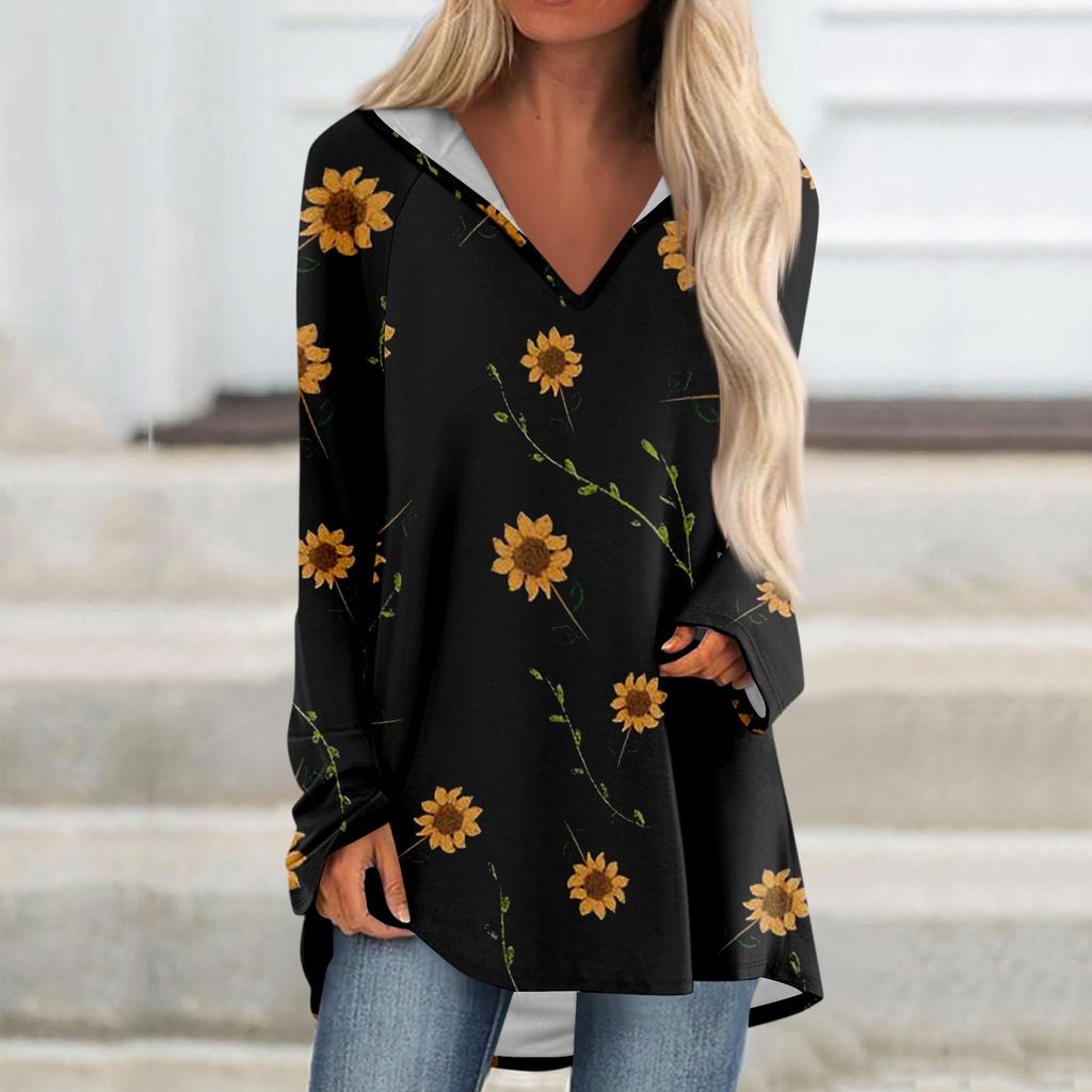 Women's V-neck Hooded Loose Long-sleeved Tops Casual Tops Home Leisure Pajamas Tops