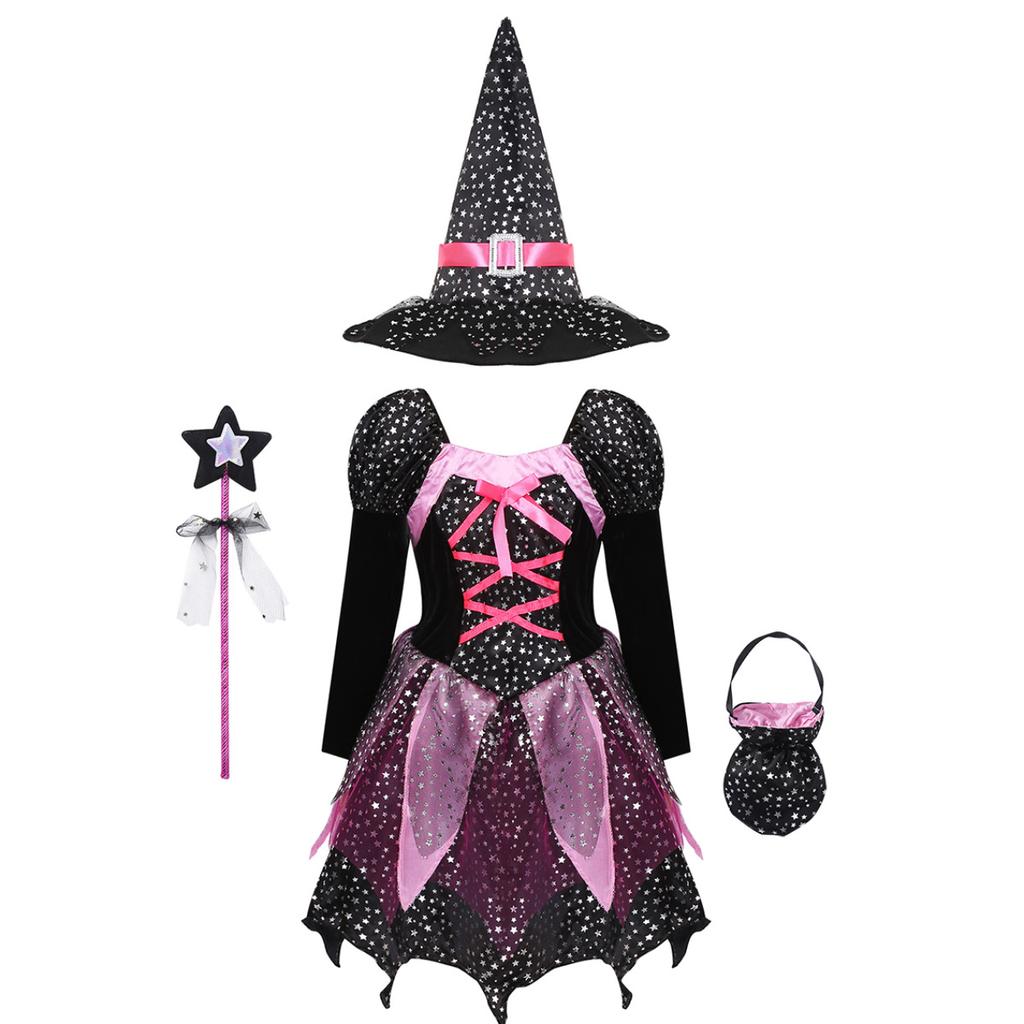 Kids Girls Witch Costume For Halloween Fancy Dress Up Dress With Pointed Hat Wand Candy Bag Set