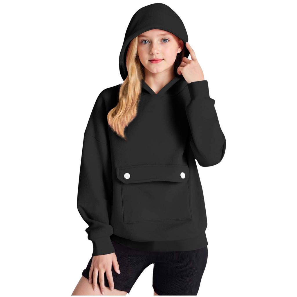 Children's Oversized Pullover Long-Sleeve Hooded Sweatshirt With Button Pockets In Solid Color