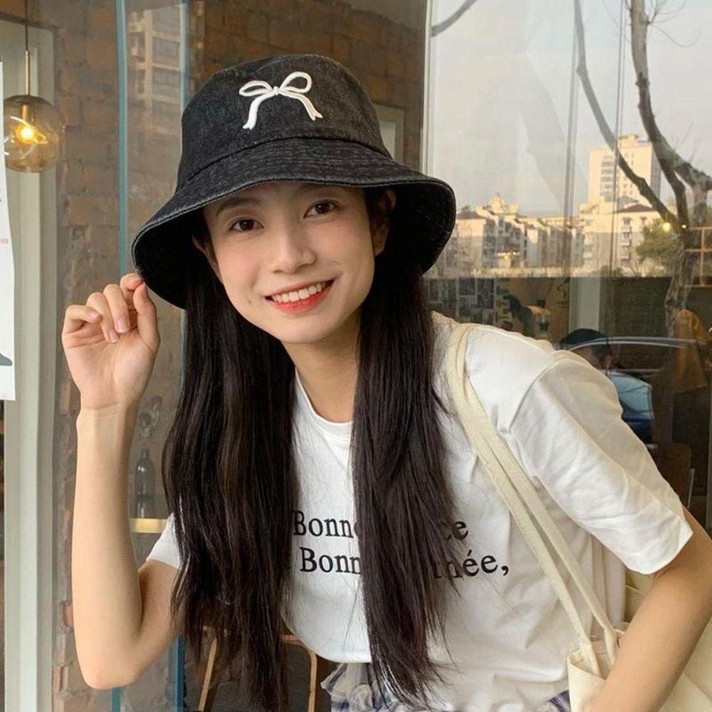 Korean Bow Embroidery Hat Sweet Washed Denim Hat Trendy Bowknot Bucket Hat for Girls