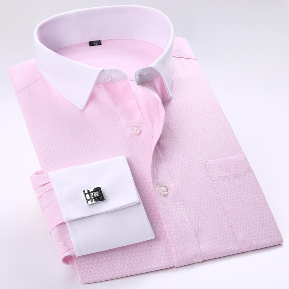 Men's Elegant French Cuff Spread Collar Striped Dress Shirt with Chest Pocket for Formal Business Wedding, Free Metal Cufflinks Included