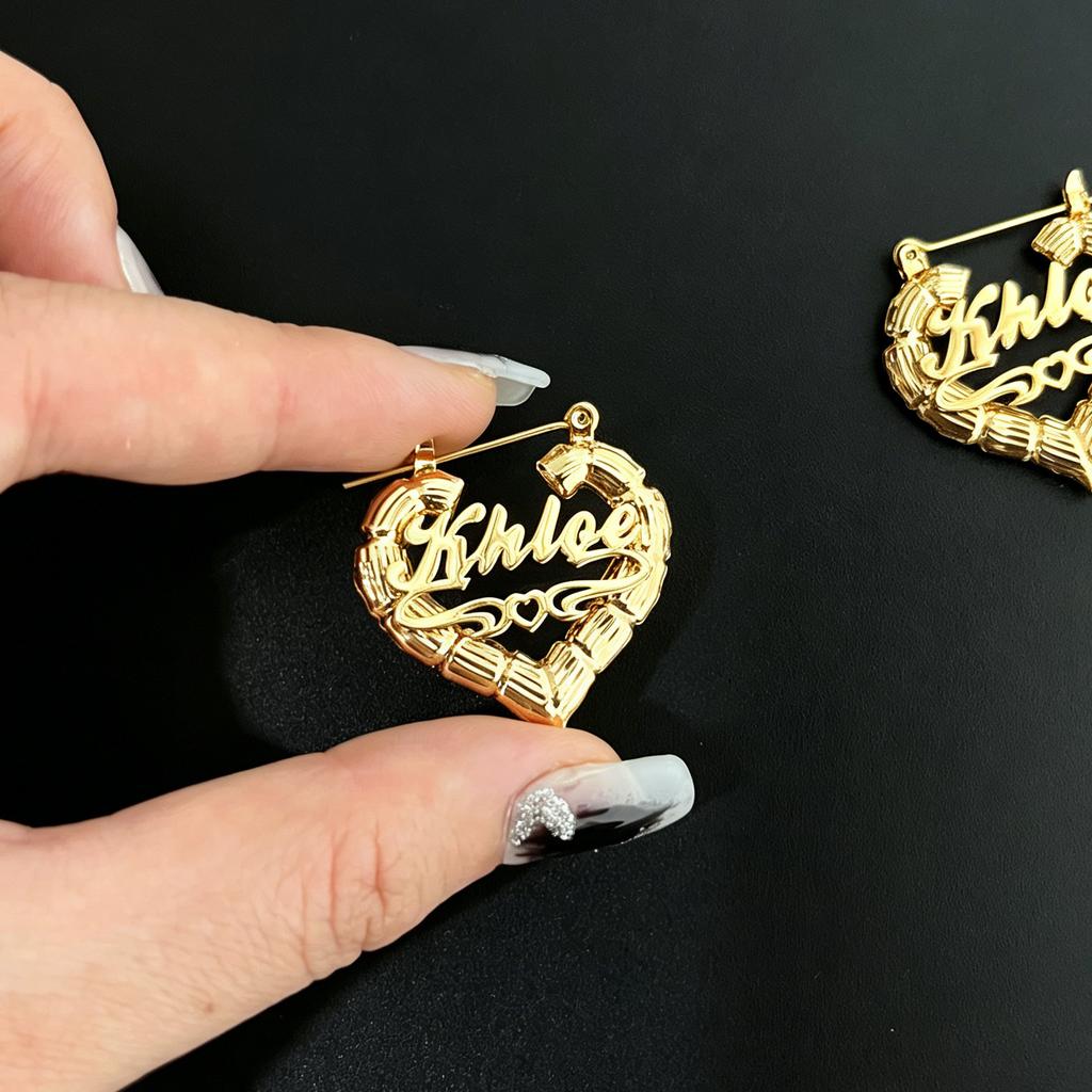 Name Bamboo Hoop Earrings Customized 18K Gold Plated Name Hoops Stainless Steel Jewelry Personalized Gifts