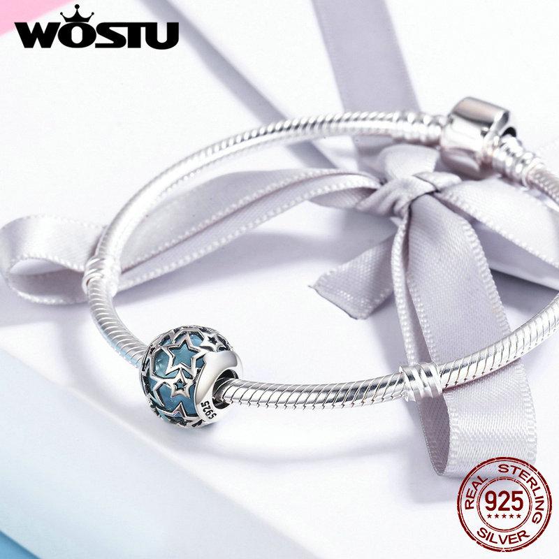 WOSTU 925 Sterling Silver 4 Colors Shimmering Star Openwork Blue Crystal Beads fit original Charm Bracelets Fine Jewelry CQC411