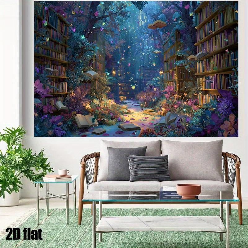 2D plane, 1 piece of magic library background banner - charming forest library scene with bookshelves and glowing books