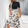 Women's Fashion Casual Belt Short Sleeve Round Neck Floral Elegant Temperament Dress