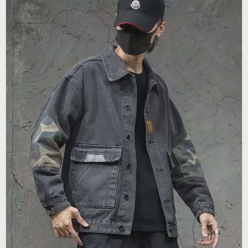Мужская черная джинсовая рабочая куртка - весна 2024 года, повседневный топ с лацканами