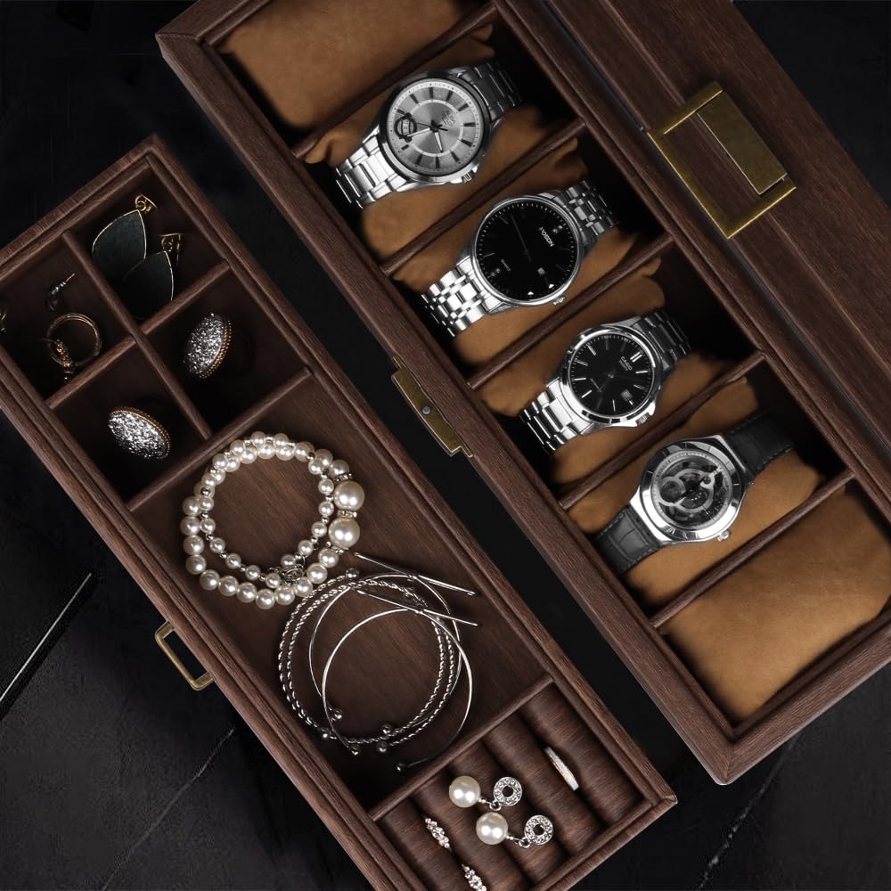 Baskiss PU Made Роскошный 2-слойный футляр для часов Коробка для хранения часов Стеклянная пластина Роскошный футляр для коллекции часов Коричневая шкатулка для ювелирных изделий Коробка для хранения часов
