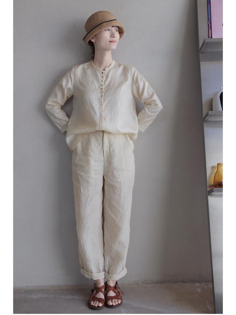 Осень 2021 Ретро Китайский Стиль Тусса Шелковая Тутовая Шелковая Стойка Воротник Свободный Длинный Рукав Повседневная Женская Рубашка