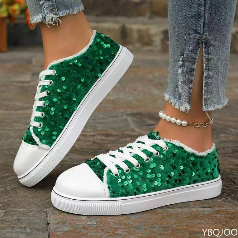 Мода Весна-Осень Большие Размеры Женская Обувь на Низком Каблуке Новые Круглый Носок Плоская Подошва Шнуровка Блестки Дизайнерская Женская Обувь