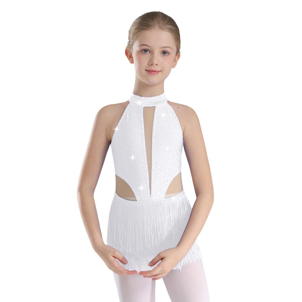 Боди для танцев для девочек со стразами, без рукавов, с открытой спиной и бахромой для выступлений и соревнований по латиноамериканским танцам