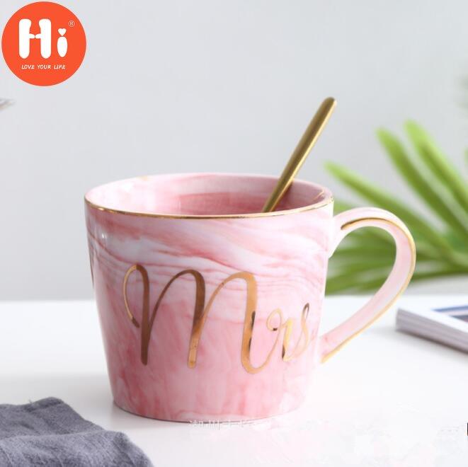 Hi European Gold Stamping Mark Loving Cup of Coffee Sir MS Letter Men Women Ceramic Mugs Marble Cup
