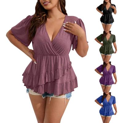 Женская однотонная кружевная футболка с v-образным вырезом и короткими рукавами