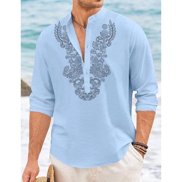 Мужская короткая курта из смесового хлопка с длинными рукавами и этническим дизайном горловины | Повседневная курта с мятой текстурой и воротником-стойкой