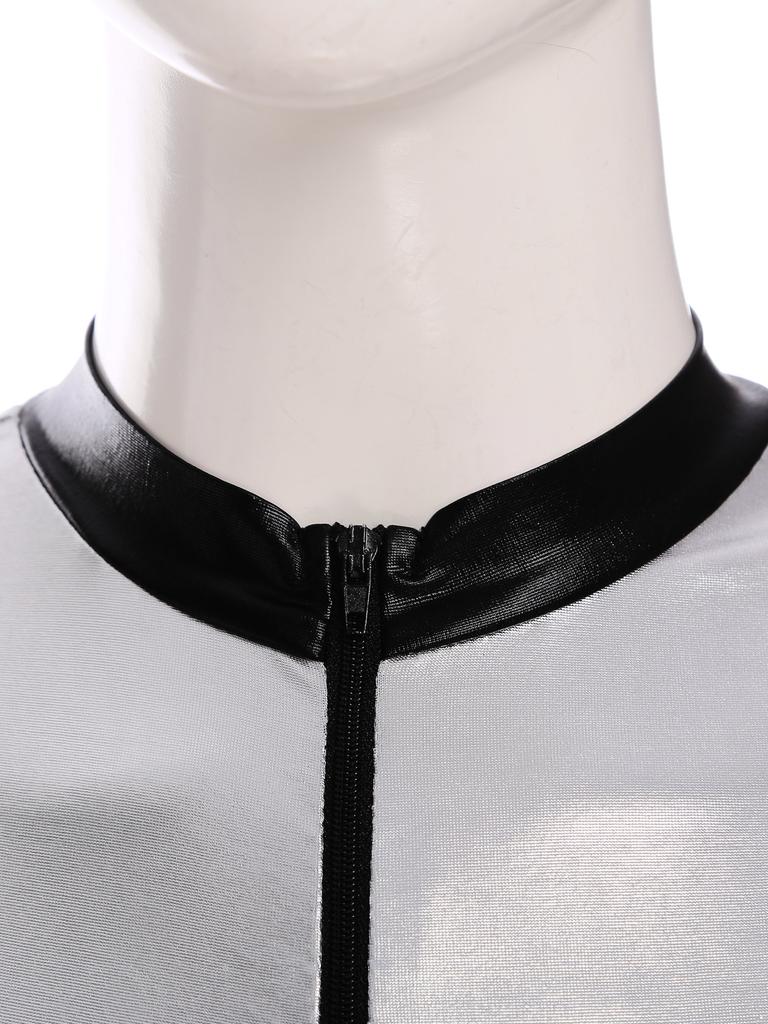 Women Halloween Astronaut Cosplay Costumes Shiny Metallic Zipper Sleeveless Bodysuit Catsuits