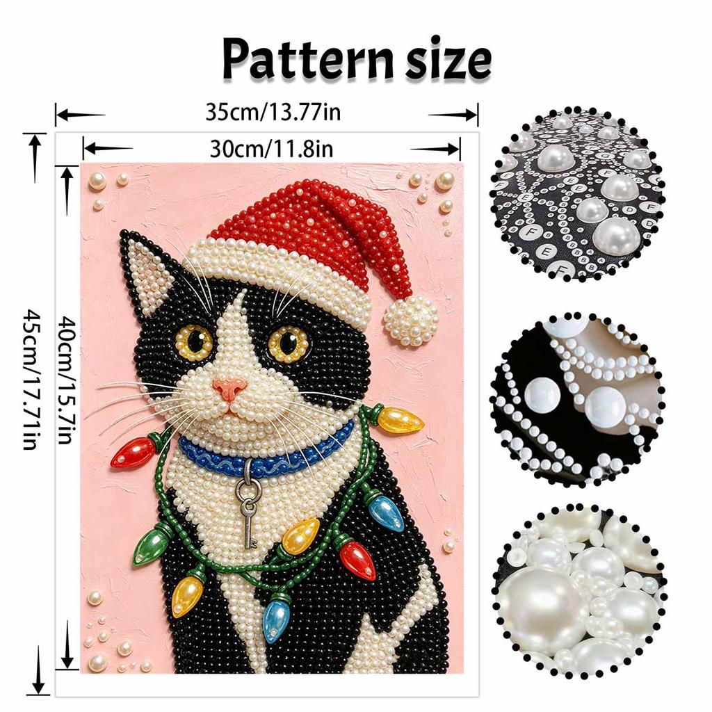 Christmas Pearl Painting Kit Handmade DIY Cute Cat In Santa Hat With Colorful Lights Home Decoration Painting