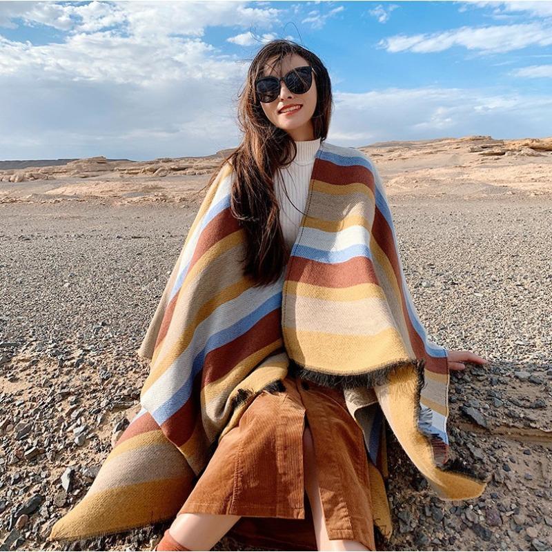 Scarf Women's Winter Outer Color Matching Striped Split Shawl Desert Travel Photo Cape Imitation Cashmere Thickened Warm