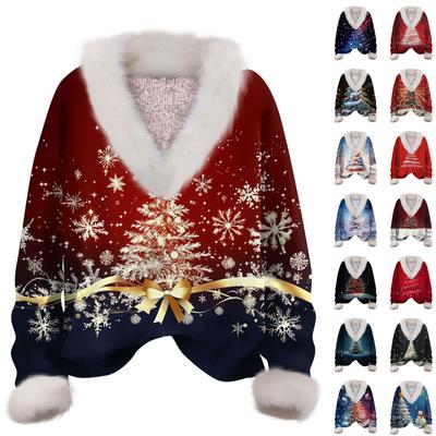 Женская мода повседневный рождественский принт с длинным рукавом и V-образным вырезом пуловер для волос