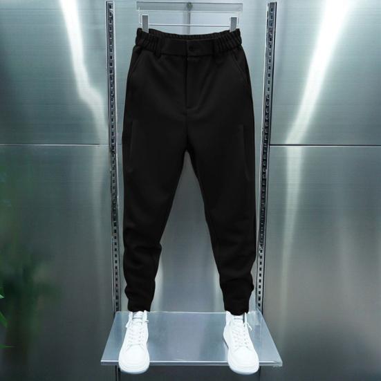 Men Casual Pants Elastic Waist Button Fly Long Pants Pockets Solid Color Fastener Tape Cuffs Tennis Sports Style Trousers