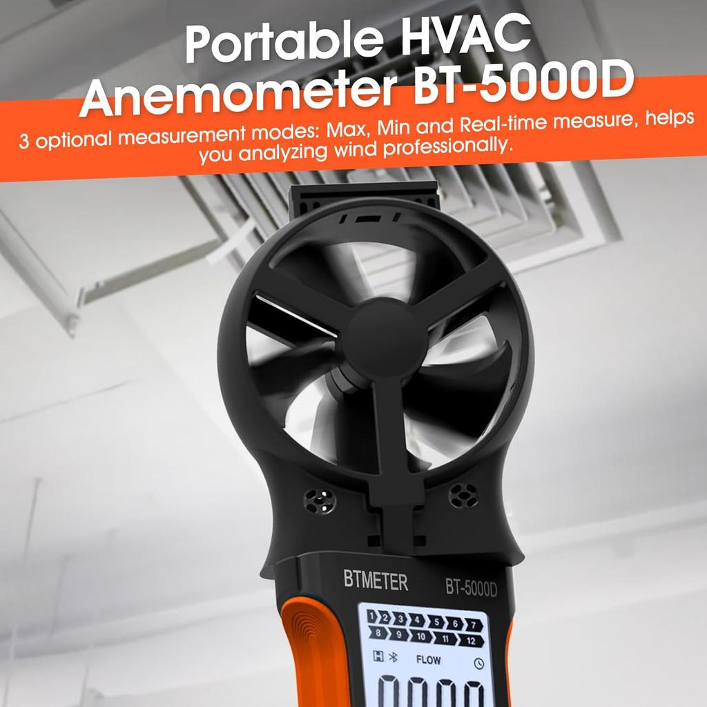 BT-5000D multifunctional anemometer, air volume and temperature measuring instrument with rotatable probe, dustproof, waterproof, rechargeable