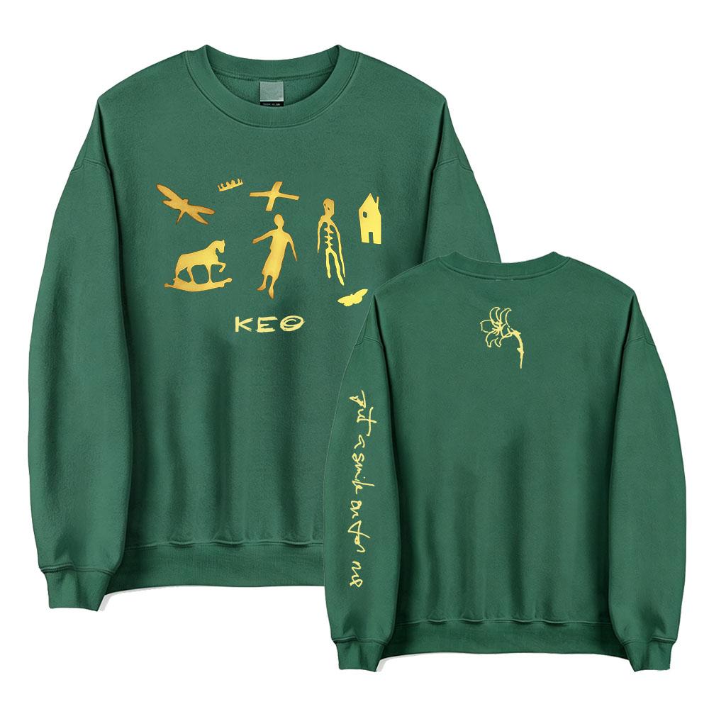 KEO Album Artwork Khaki Crewneck Sweatshirt Put A Smile on For Me Graphic Pullovers Long Sleeve Unisex Streetwear Graphic Tops