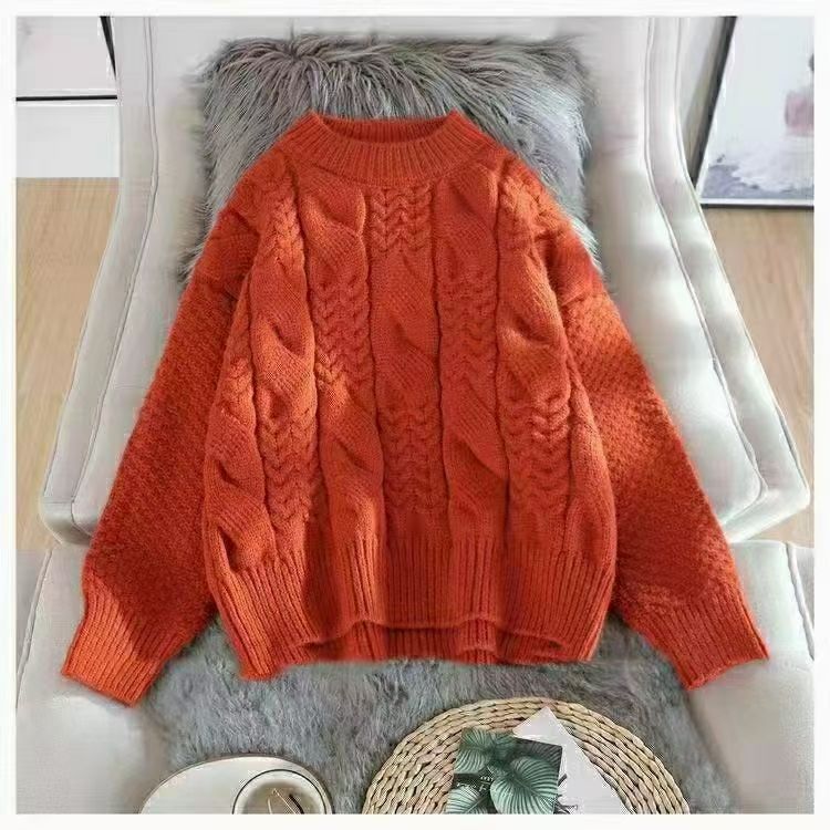 Свитера Женский зимний свитер с круглым вырезом Свободный ленивый ветер Жареный тесто Twists Верхний укороченный свитер