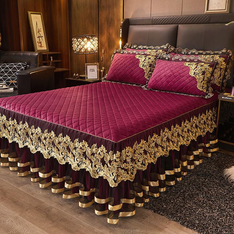 3 шт. Европейская бархатная юбка для кровати из хрусталя Зимнее кружевное бархатное покрывало Теплое Нескользящее Утолщенное Флисовое Постельное Белье Набор из трех предметов