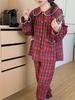 Korean Spring & Autumn Plaid Lace Peter Pan Collar Pajamas - Loose Couple Long Sleeve Homewear Set