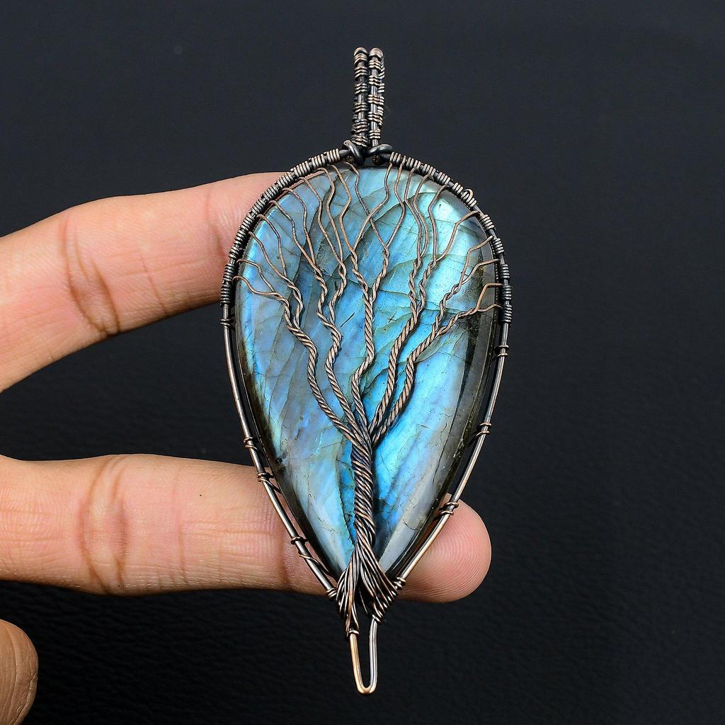 Подвеска Древо Жизни с Лабрадоритом, Подвеска из Натурального Камня Ручной Работы, Обернутая Медной Проволокой 999 пробы, Антикварное Ювелирное Изделие, Для Подарка, Серебряное Ювелирное Изделие