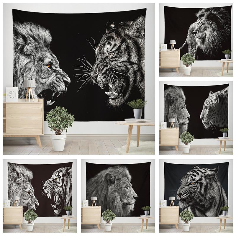 Home Decor Tapestry Black Lion Tiger Wild Animal Print Tapestry Wall Hanging Living Room Bedroom Wall Decor Backdrop Fabric
