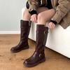 Maillard Brown Double Button Boots Women's British Style Thick Bottom Side Zipper High Boots Commuter Versatile Knight Women's Boots