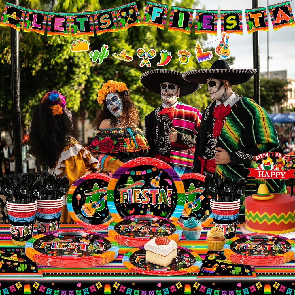 161pcs Mexican Party Paper Tableware Set - Mexican Fiesta Plates Cups Napkins Tablecloth Banner etc Fiesta Party Decorations Tableware