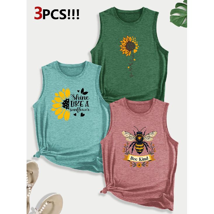 Sunflower and Bee Combination Gift Print Pattern Round Neck3Pack of sleeveless vests for women in spring, summer, and autumn