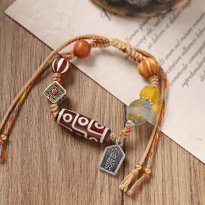 Винтажный плетеный браслет с тибетской бусиной дзи, нишевый дизайн, мужской и женский шнурок для руки, аксессуары