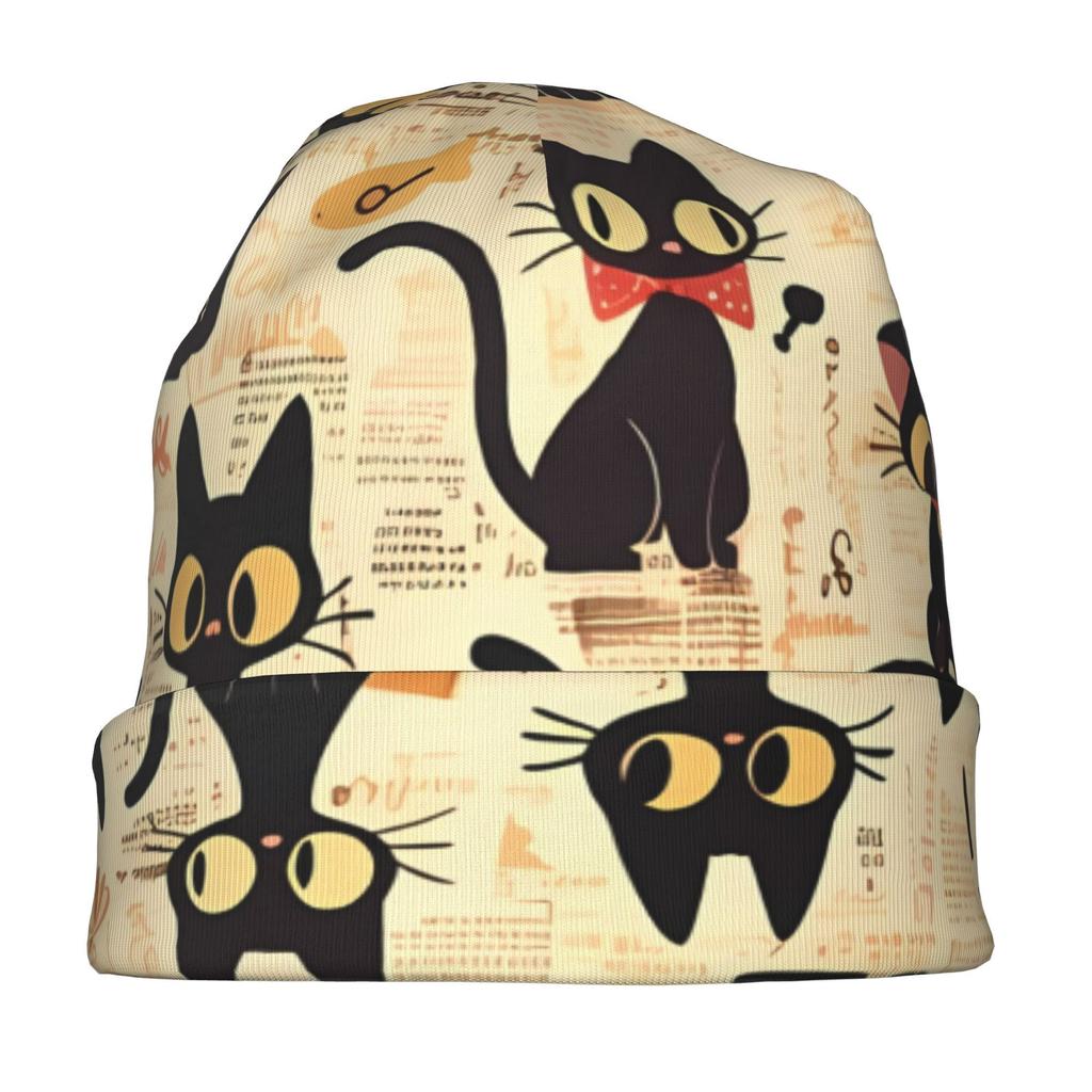 This Fashionable Adult Beanie Featuring a Black Cat Design Is Perfect for Adding a Cozy Touch to Your Autumn Or Winter Attire, Enhancing Both Street S