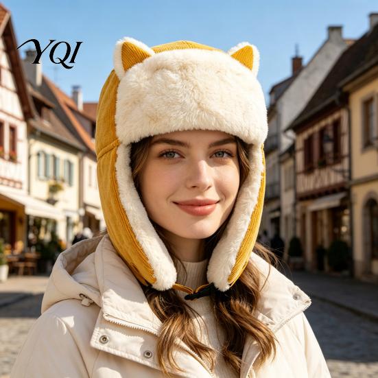 Утепленная теплая шапка для головы, женская зимняя ушанка, милая плюшевая шапка-ушанка с кошачьими ушками, уютная, с подкладкой, ветрозащитная шапка, шапка-ушанка для холодной погоды